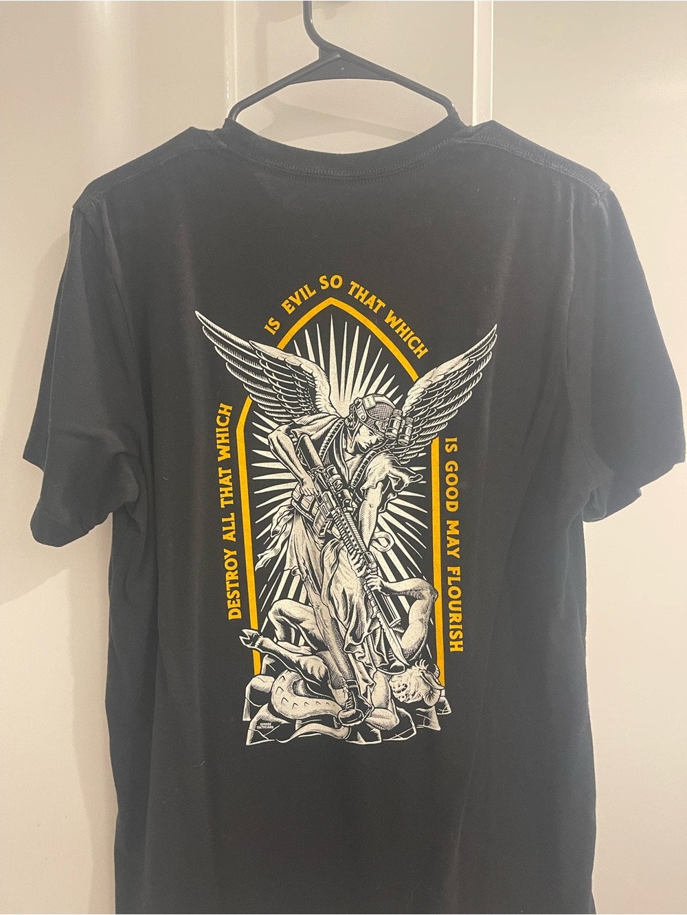 Men's Black Graphic Short-Sleeve Tee with Yellow and White Angel Design